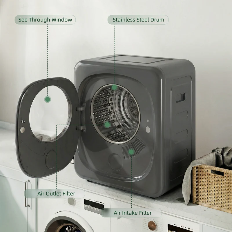 4kg Vented Tumble Dryer, 800W Compact Freestanding Front Tumble Dryer with 5 Drying Mode, Smart Sensor, Timer and Stainless Steel Tub, Wall-Mounted Portable Small Clothes Drying Machine, Grey