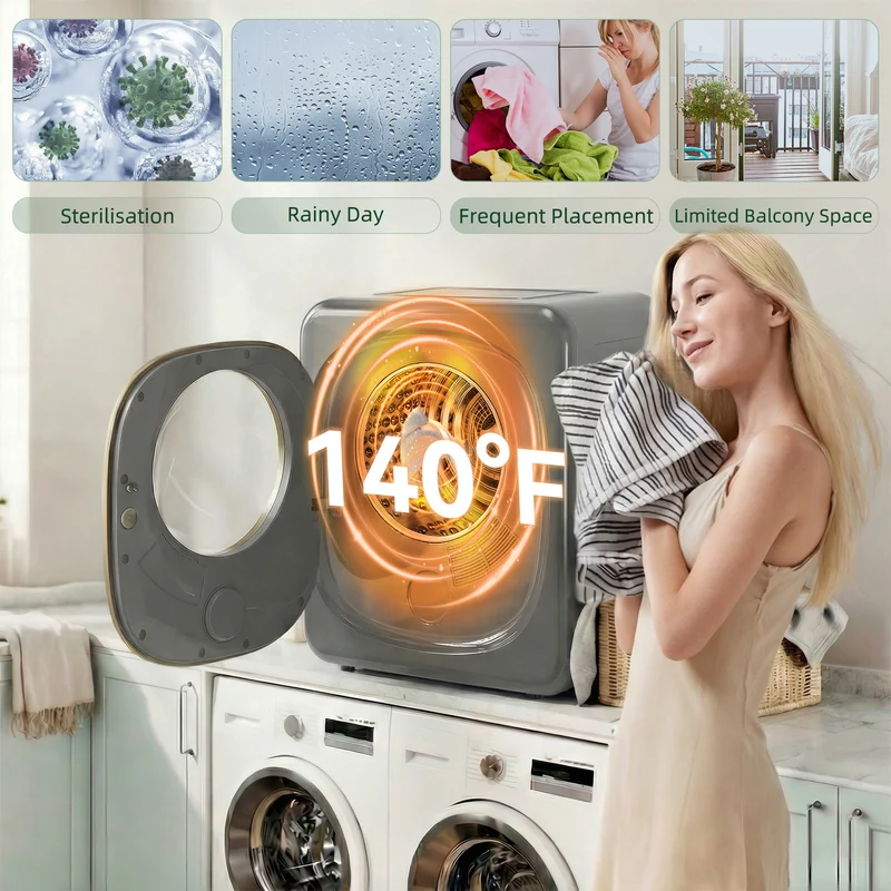 4kg Vented Tumble Dryer, 800W Compact Freestanding Front Tumble Dryer with 5 Drying Mode, Smart Sensor, Timer and Stainless Steel Tub, Wall-Mounted Portable Small Clothes Drying Machine, Grey