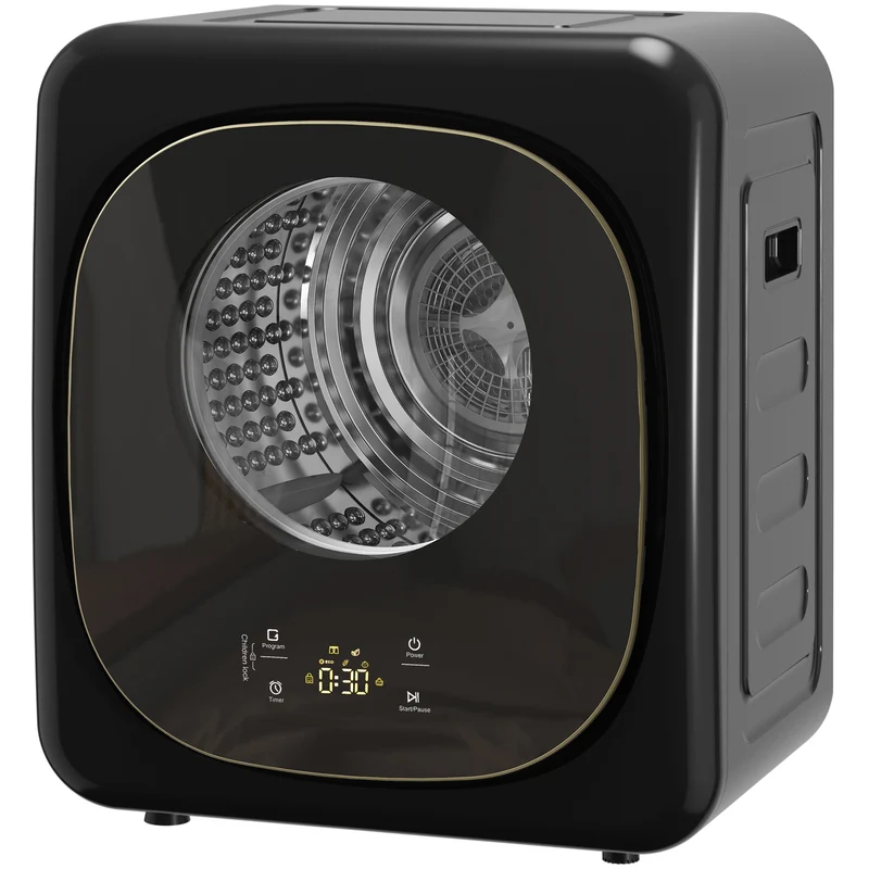 4kg Vented Tumble Dryer, 800W Compact Freestanding Front Tumble Dryer with 5 Drying Mode, Smart Sensor, Timer and Stainless Steel Tub, Wall-Mounted Portable Small Clothes Drying Machine, Black