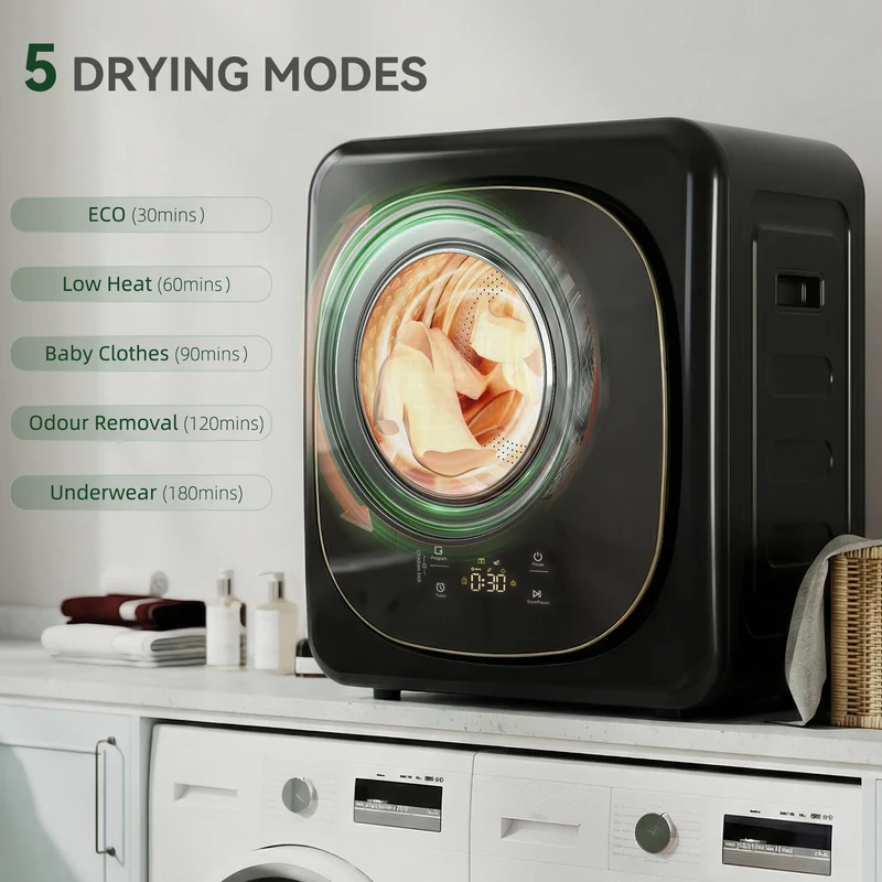4kg Vented Tumble Dryer, 800W Compact Freestanding Front Tumble Dryer with 5 Drying Mode, Smart Sensor, Timer and Stainless Steel Tub, Wall-Mounted Portable Small Clothes Drying Machine, Black