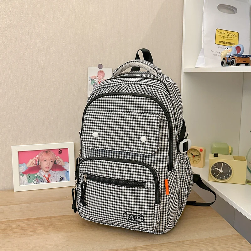 Gingham Print Mehrfach-Taschen Rucksack Karnz