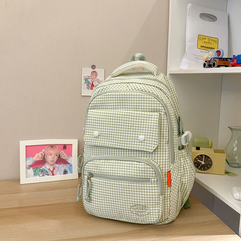 Gingham Print Mehrfach-Taschen Rucksack Karnz