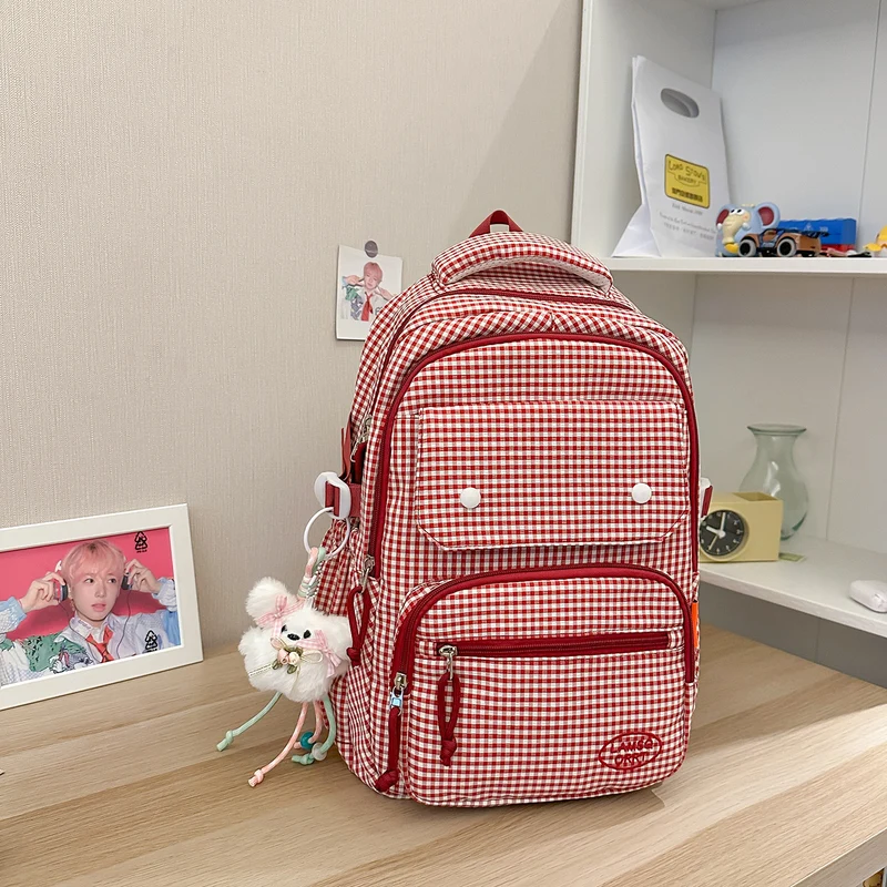 Gingham Print Mehrfach-Taschen Rucksack Karnz