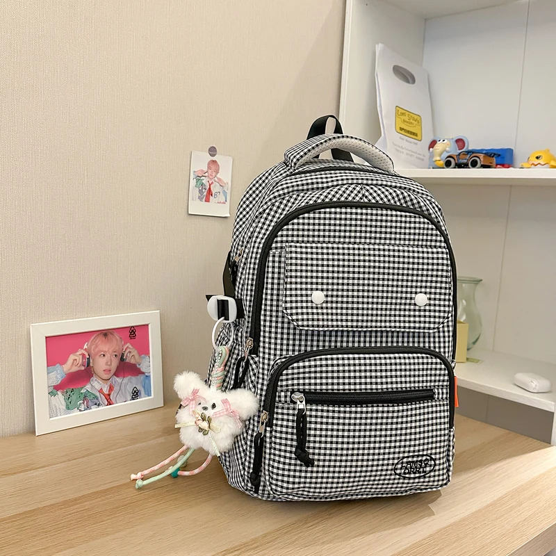 Gingham Print Mehrfach-Taschen Rucksack Karnz