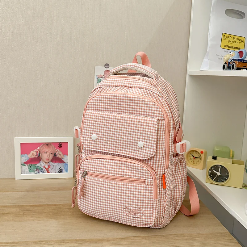 Gingham Print Mehrfach-Taschen Rucksack Karnz