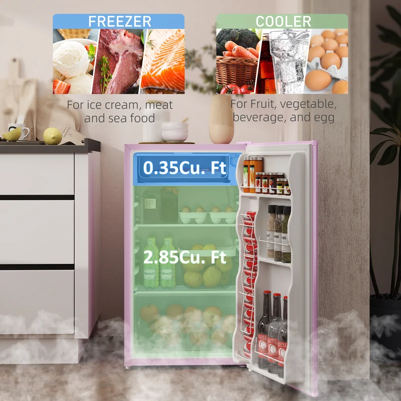 3.2 Cu.Ft Mini Fridge with Freezer, Adjustable Thermostat, Shelf & Reversible Door, Pink