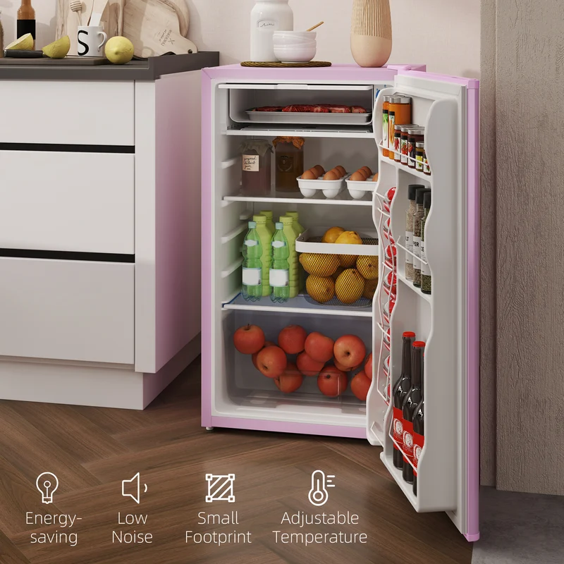 3.2 Cu.Ft Mini Fridge with Freezer, Adjustable Thermostat, Shelf & Reversible Door, Pink