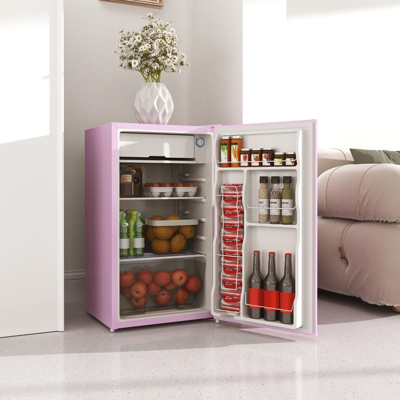 3.2 Cu.Ft Mini Fridge with Freezer, Adjustable Thermostat, Shelf & Reversible Door, Pink