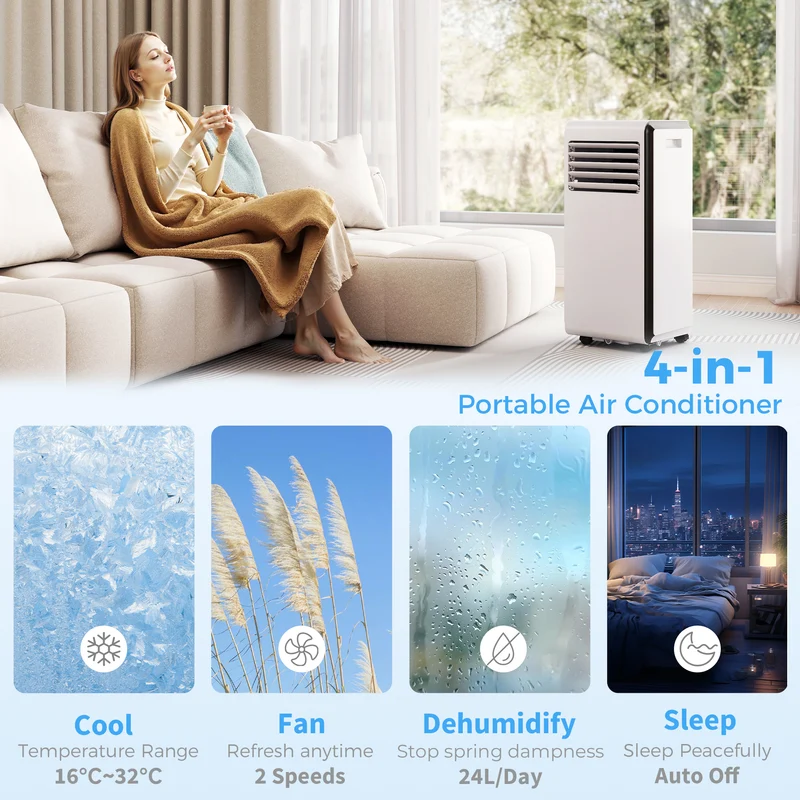 9000 BTU 4-in-1 Portable AC, Energy Efficient & Quiet Cooling for Room up to 28 m2