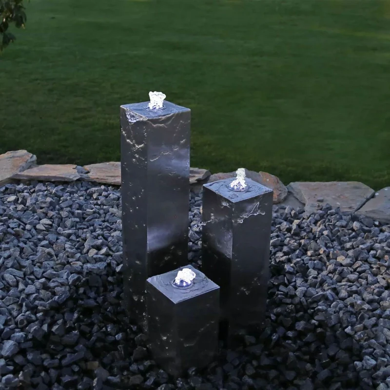 Edelstahl Springbrunnen eckig LED 3 Säulenbrunnen Gartenbrunnen