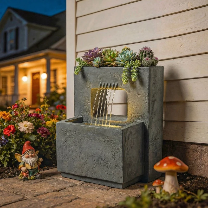 Springbrunnen 2 stufig Gartenbrunnen Brunnen LED Beleuchtung Pflanz