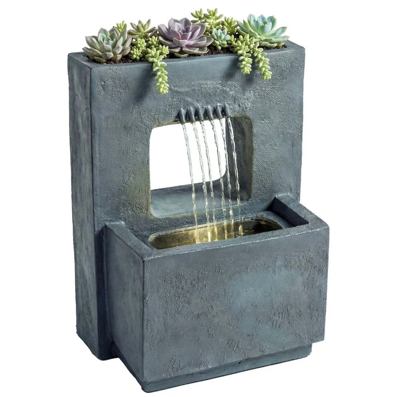 Springbrunnen 2 stufig Gartenbrunnen Brunnen LED Beleuchtung Pflanz