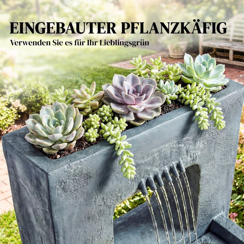 Springbrunnen 2 stufig Gartenbrunnen Brunnen LED Beleuchtung Pflanz