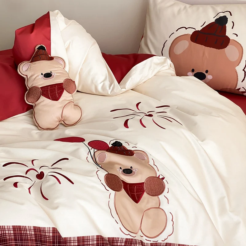 Kinder-Bettwäsche-Set aus Baumwollsatin mit süßem Bärenprint, Wendefunktion & gesteppter Kissenblende