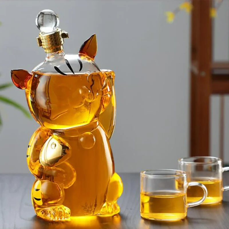 Skanto | Karaffe aus Glas in Katzenform mit Korken, Getränkespender, 1000ml für Dinnerpartys, Dekoration, Geschenk
