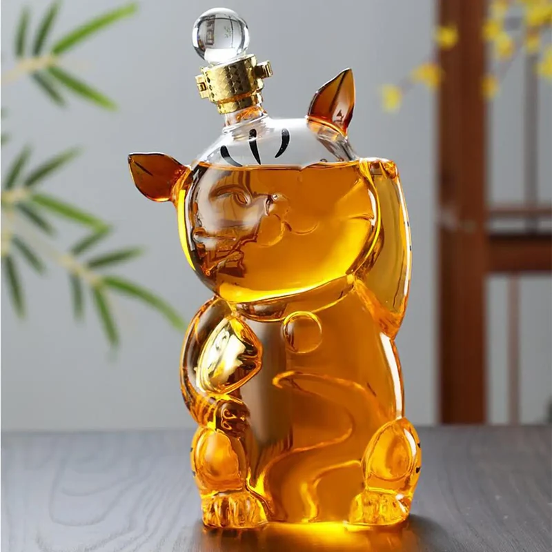 Skanto | Karaffe aus Glas in Katzenform mit Korken, Getränkespender, 1000ml für Dinnerpartys, Dekoration, Geschenk