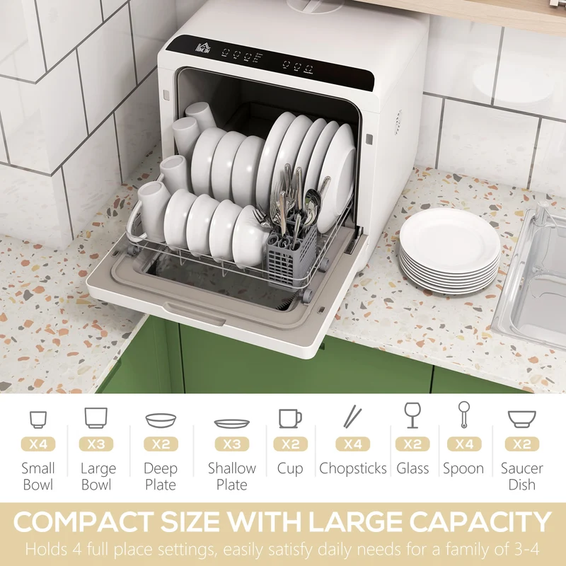 Compact 4-Setting Portable Dishwasher with 5 Wash Programs for Apartments and RVs, White & Black