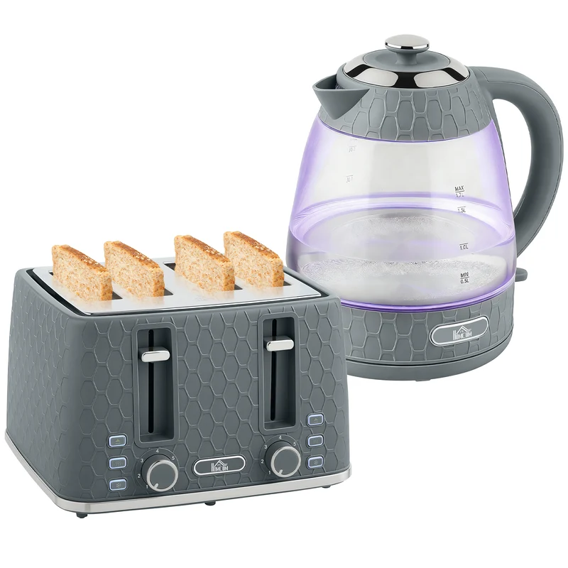 Dual-Speed Breakfast Combo: 4-Slice Toaster & 1.7L Quick-Boil Kettle, Grey