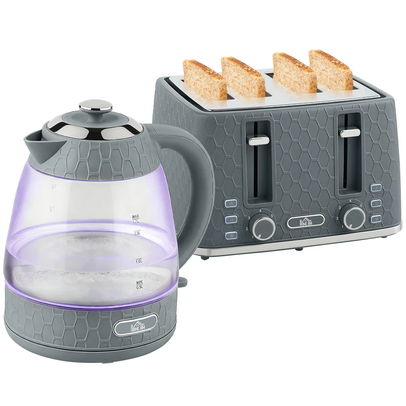 Dual-Speed Breakfast Combo: 4-Slice Toaster & 1.7L Quick-Boil Kettle, Grey