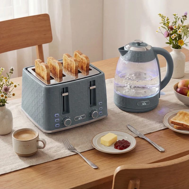 Dual-Speed Breakfast Combo: 4-Slice Toaster & 1.7L Quick-Boil Kettle, Grey