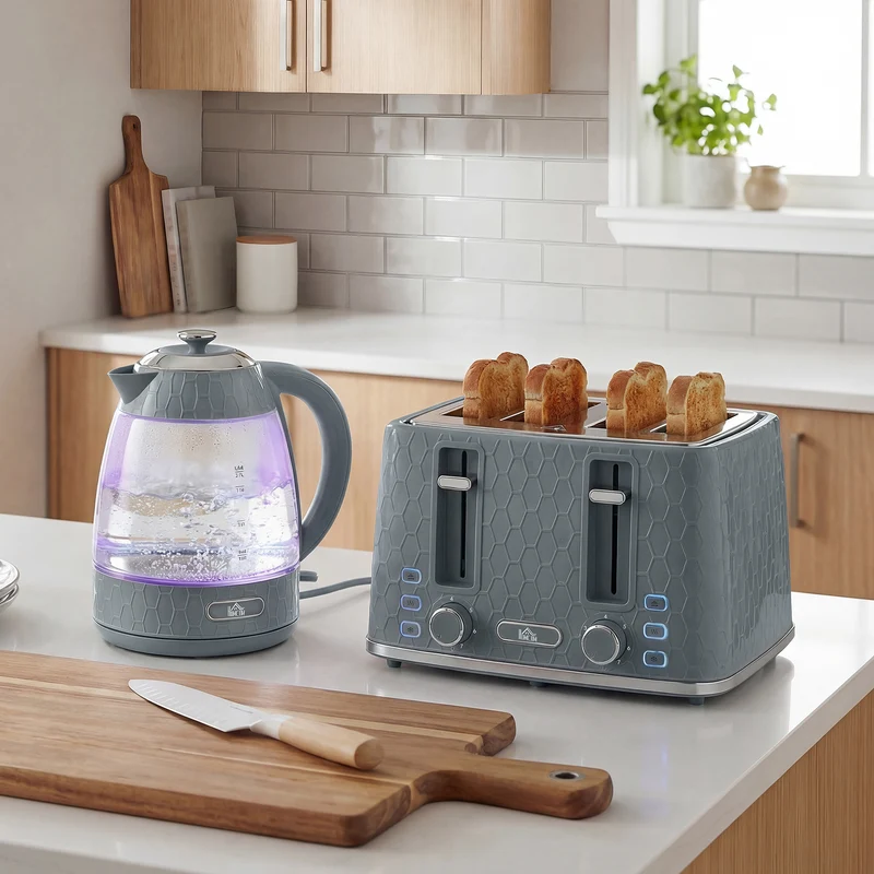 Dual-Speed Breakfast Combo: 4-Slice Toaster & 1.7L Quick-Boil Kettle, Grey