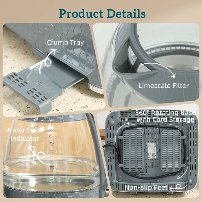 Dual-Speed Breakfast Combo: 4-Slice Toaster & 1.7L Quick-Boil Kettle, Grey