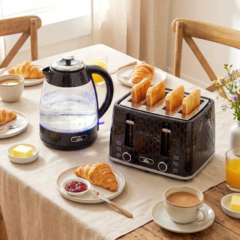 Dual-Speed Breakfast Combo: 4-Slice Toaster & 1.7L Quick-Boil Kettle, Black