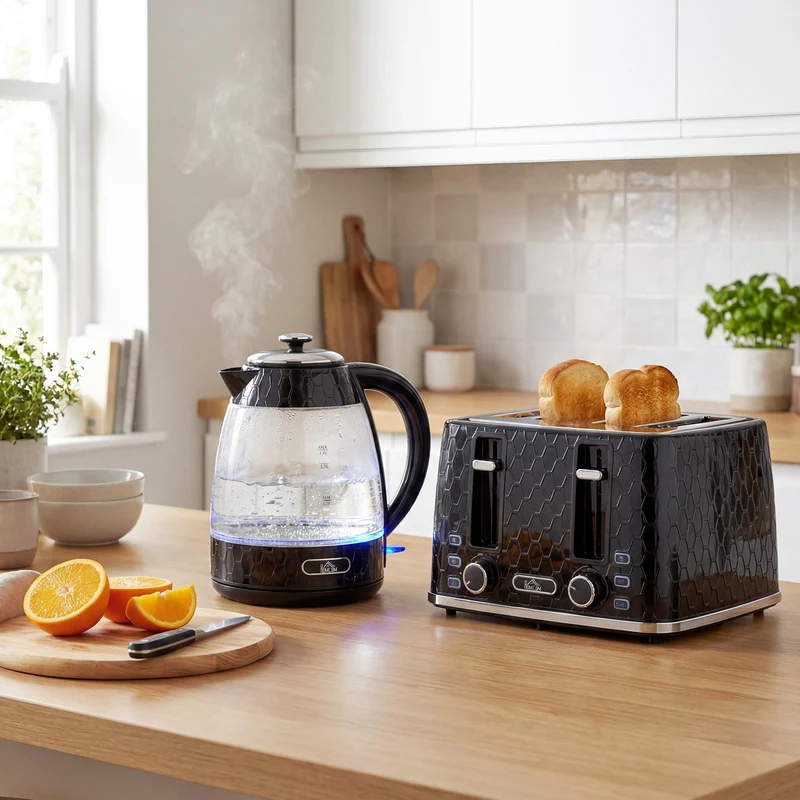 Dual-Speed Breakfast Combo: 4-Slice Toaster & 1.7L Quick-Boil Kettle, Black