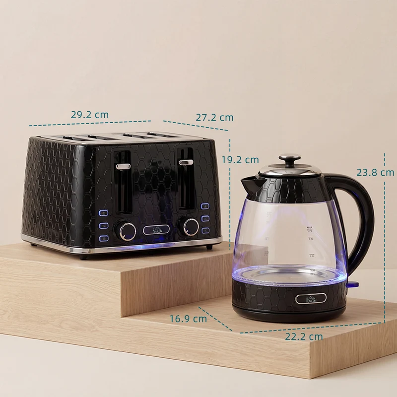 Dual-Speed Breakfast Combo: 4-Slice Toaster & 1.7L Quick-Boil Kettle, Black
