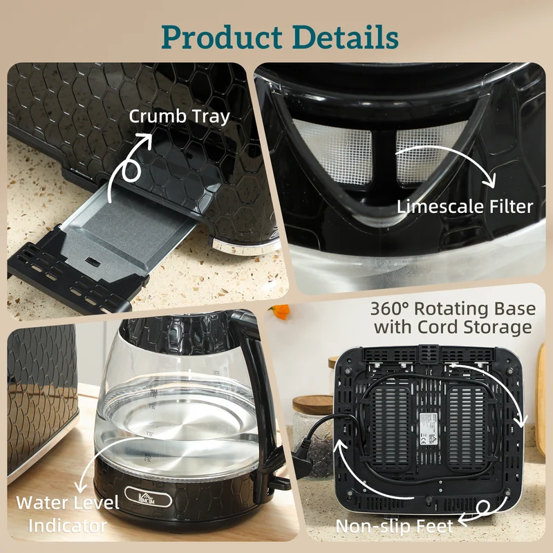 Dual-Speed Breakfast Combo: 4-Slice Toaster & 1.7L Quick-Boil Kettle, Black