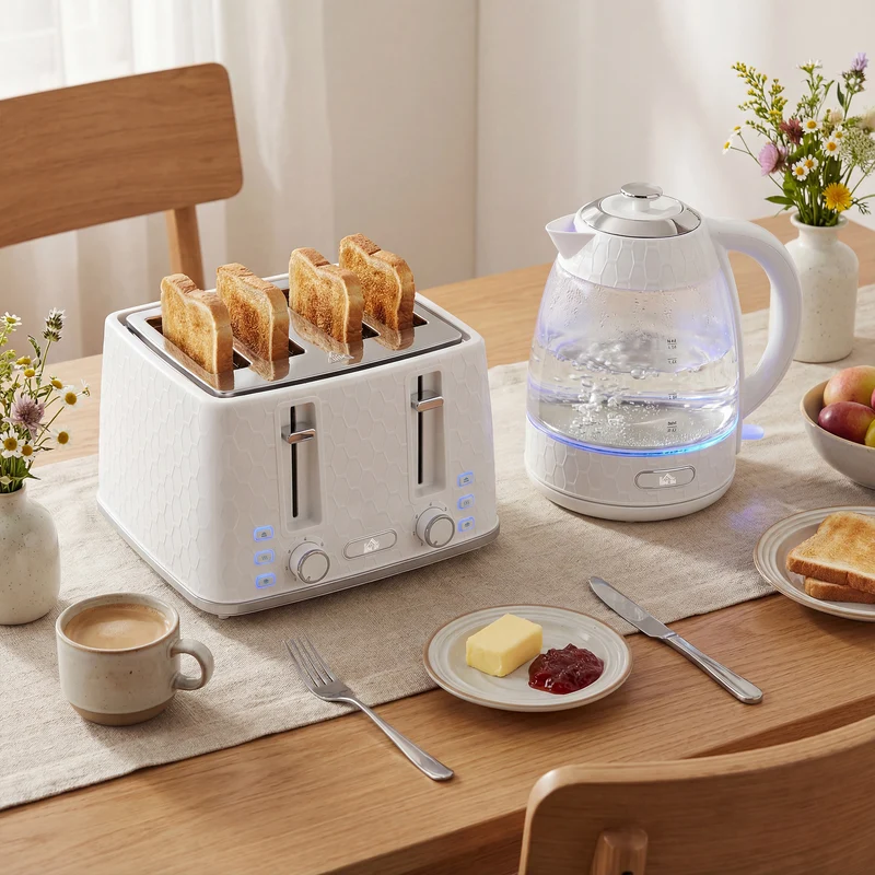 Dual-Speed Breakfast Combo: 4-Slice Toaster & 1.7L Quick-Boil Kettle, Cream White