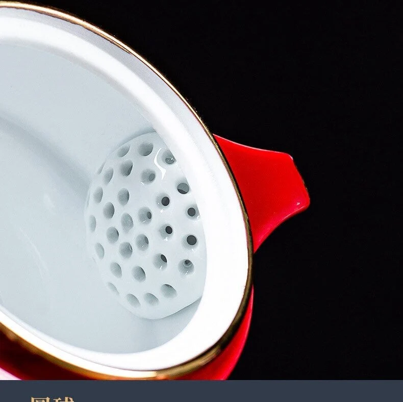 Skanto | Keramik Glückskatze Kuai Ke Tasse – Porzellantassen mit Sieb, Filter und Deckel, tragbares Tee-/Kaffee-Set für Büro, Reisen, Teebereiter