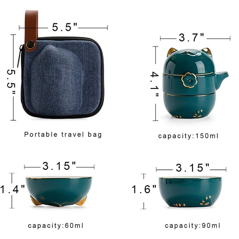 Skanto | Keramik Glückskatze Kuai Ke Tasse – Porzellantassen mit Sieb, Filter und Deckel, tragbares Tee-/Kaffee-Set für Büro, Reisen, Teebereiter