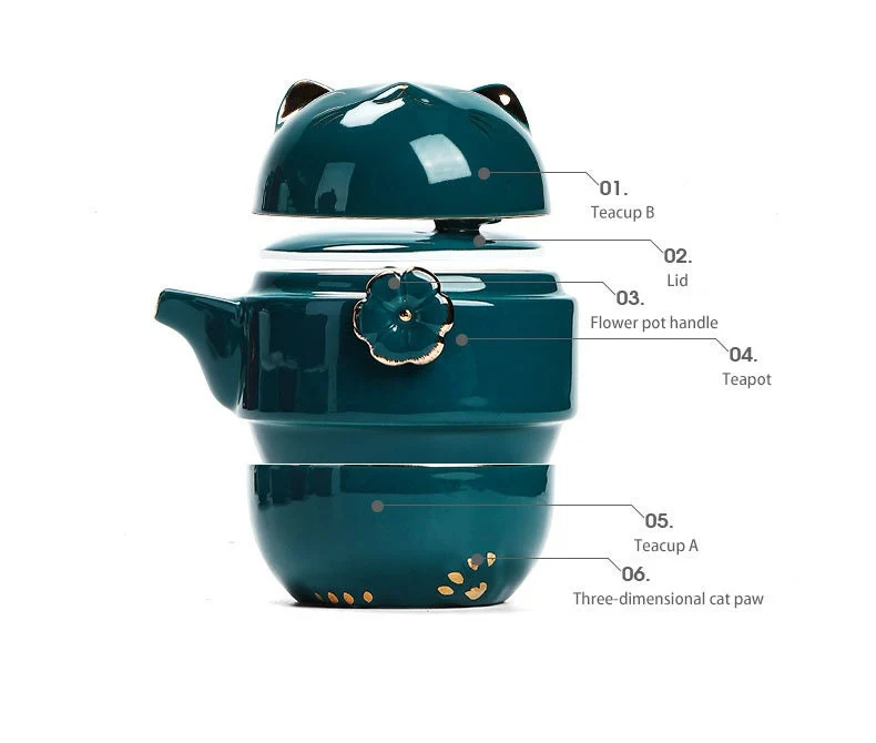 Skanto | Keramik Glückskatze Kuai Ke Tasse – Porzellantassen mit Sieb, Filter und Deckel, tragbares Tee-/Kaffee-Set für Büro, Reisen, Teebereiter