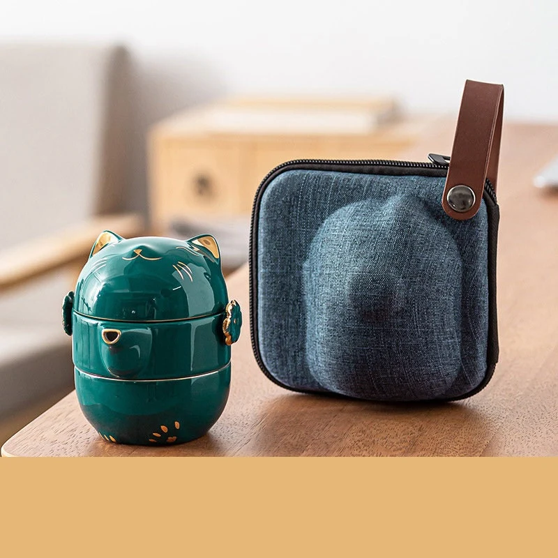 Skanto | Keramik Glückskatze Kuai Ke Tasse – Porzellantassen mit Sieb, Filter und Deckel, tragbares Tee-/Kaffee-Set für Büro, Reisen, Teebereiter