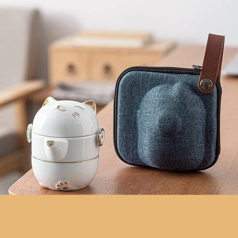 Skanto | Keramik Glückskatze Kuai Ke Tasse – Porzellantassen mit Sieb, Filter und Deckel, tragbares Tee-/Kaffee-Set für Büro, Reisen, Teebereiter