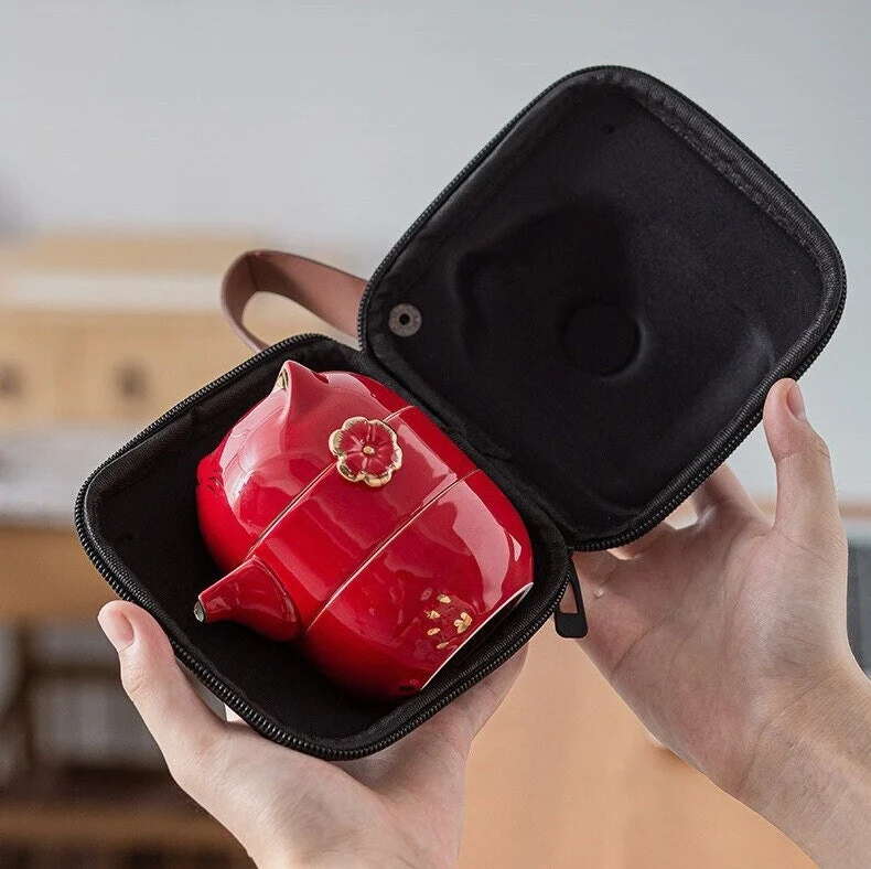 Skanto | Keramik Glückskatze Kuai Ke Tasse – Porzellantassen mit Sieb, Filter und Deckel, tragbares Tee-/Kaffee-Set für Büro, Reisen, Teebereiter