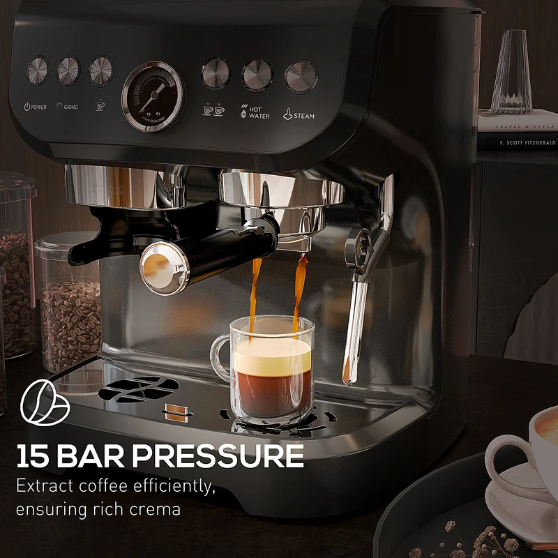 Espresso Machine 15 Bar, Coffee Maker with Milk Frother, Fast Heating & Adjustable Temp, Black