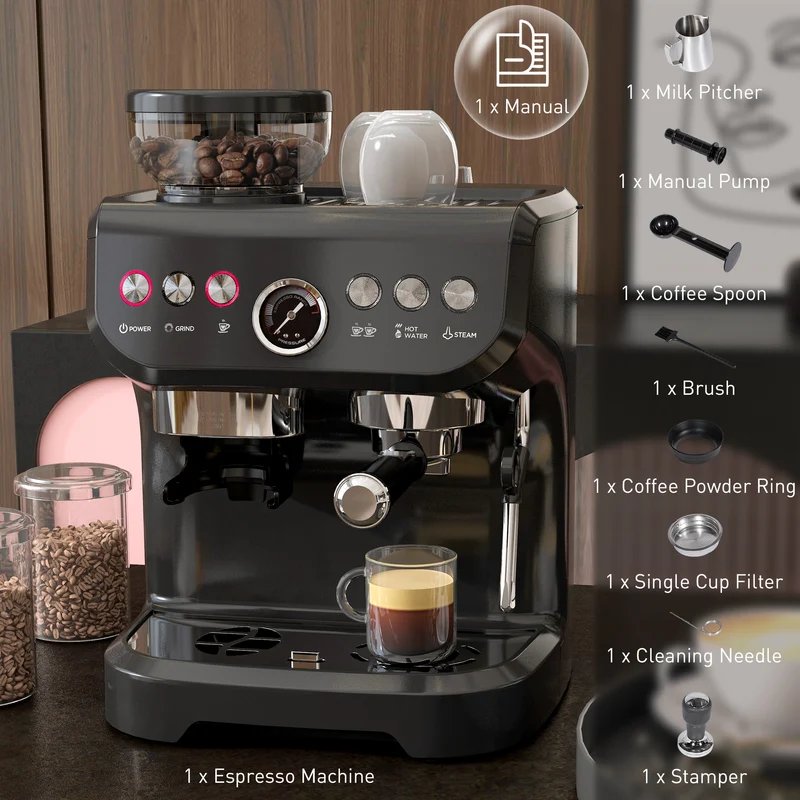Espresso Machine 15 Bar, Coffee Maker with Milk Frother, Fast Heating & Adjustable Temp, Black