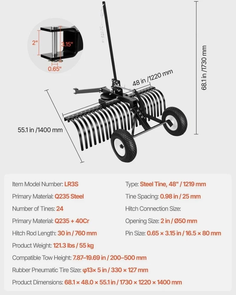 1219mm Rasentraktor Heuharke ATV mit 24 Zinken