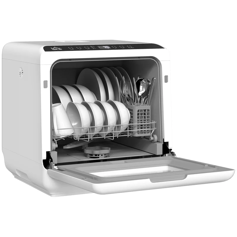 Tabletop Dishwasher, Mini Countertop Dishwasher with Built-in 6L Water Tank, 6 Programs, Touch Control, LED Display, 4 Place Settings, Dual Water Supply and Air Drying Function, White