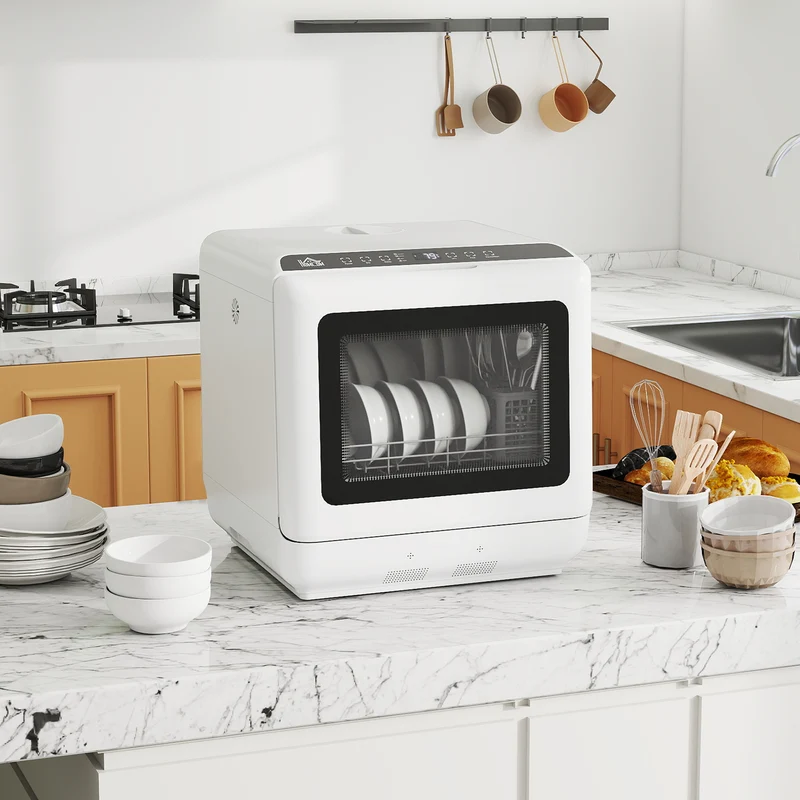 Tabletop Dishwasher, Mini Countertop Dishwasher with Built-in 6L Water Tank, 6 Programs, Touch Control, LED Display, 4 Place Settings, Dual Water Supply and Air Drying Function, White
