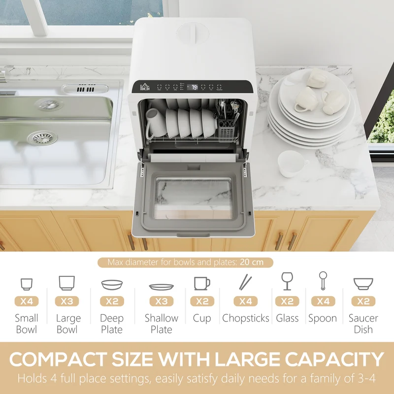 Tabletop Dishwasher, Mini Countertop Dishwasher with Built-in 6L Water Tank, 6 Programs, Touch Control, LED Display, 4 Place Settings, Dual Water Supply and Air Drying Function, White