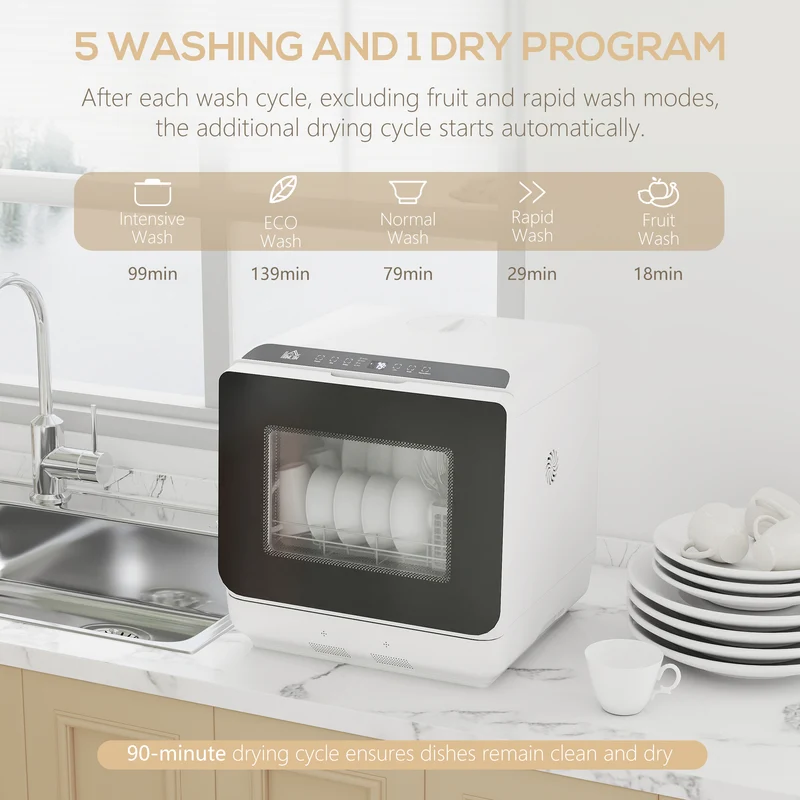 Tabletop Dishwasher, Mini Countertop Dishwasher with Built-in 6L Water Tank, 6 Programs, Touch Control, LED Display, 4 Place Settings, Dual Water Supply and Air Drying Function, White