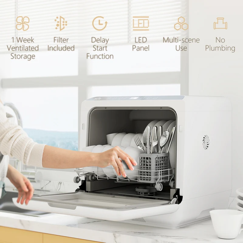 Tabletop Dishwasher, Mini Countertop Dishwasher with Built-in 6L Water Tank, 6 Programs, Touch Control, LED Display, 4 Place Settings, Dual Water Supply and Air Drying Function, White