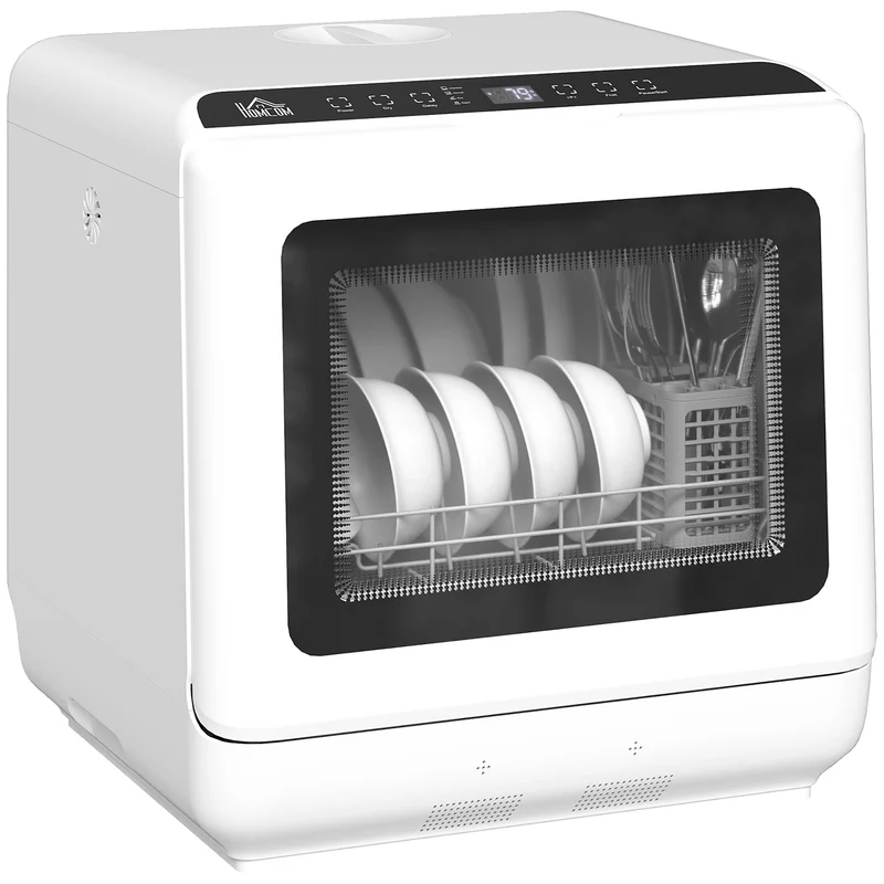 Tabletop Dishwasher, Mini Countertop Dishwasher with Built-in 6L Water Tank, 6 Programs, Touch Control, LED Display, 4 Place Settings, Dual Water Supply and Air Drying Function, White