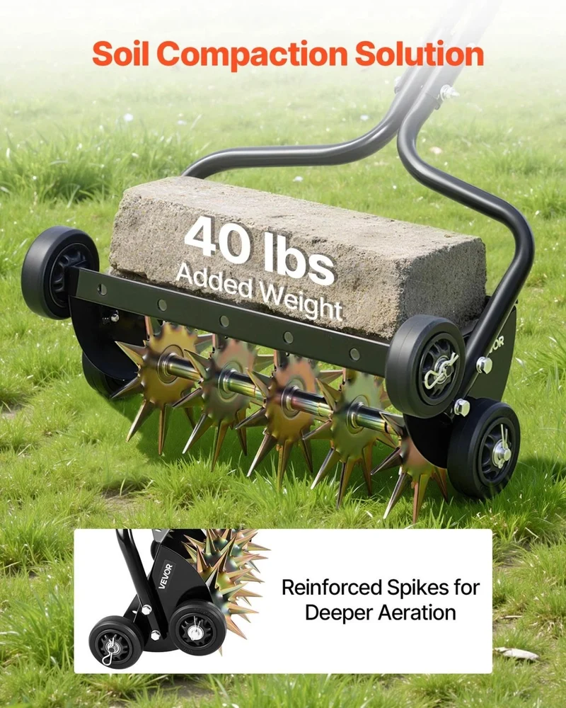 Rasenlüfter Walze Manuell 45cm Aerifizierer für Rasen 5cm Spikes