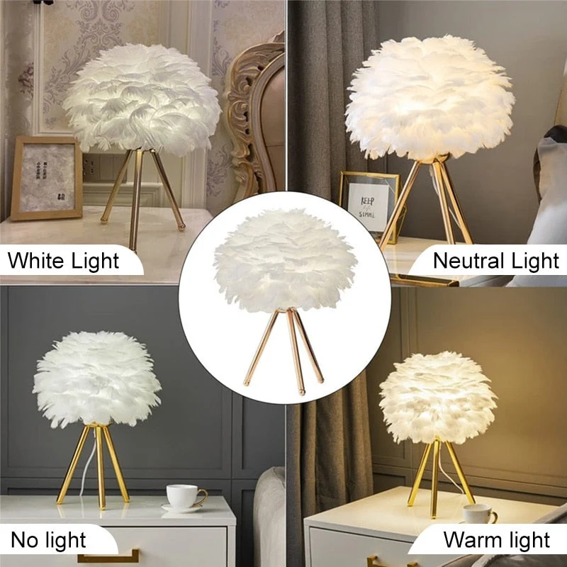 Skanto | Romantische Feder-Tischlampe Moderne Nachttischlampe Wohnzimmer Café Dekoration Hochzeits-Weihnachtsgeschenk Straußenfederlicht