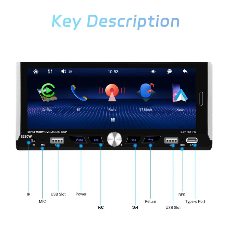 Single 1DIN 6.9" Autoradio Apple CarPlay Android Bluetooth USB
