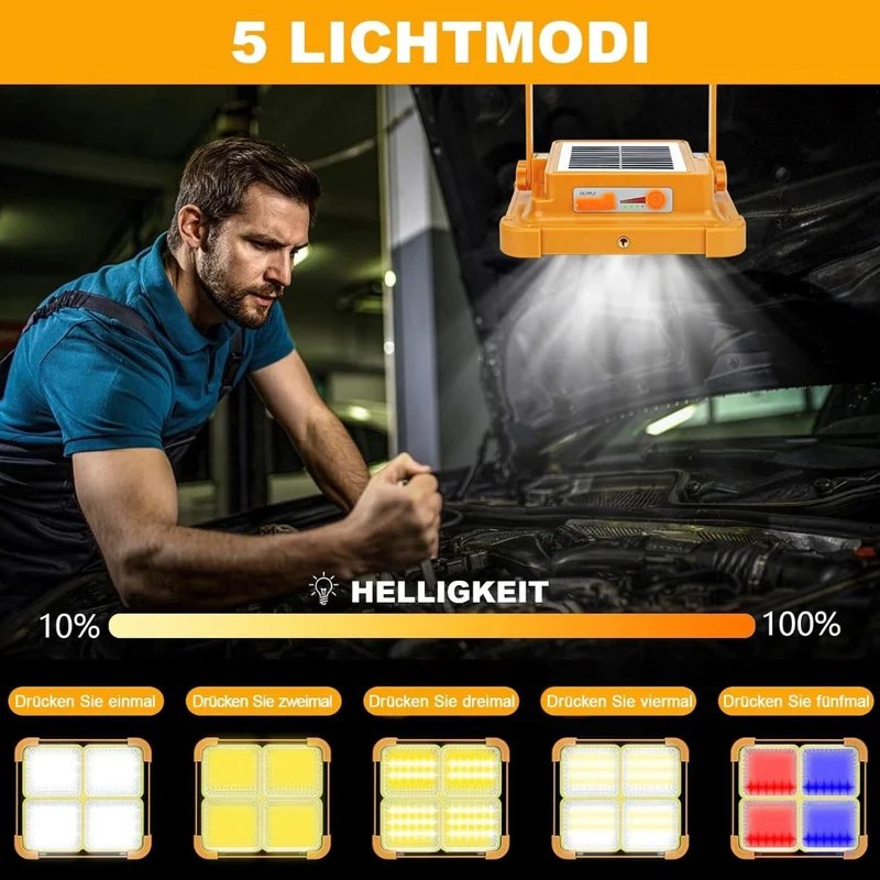 2x LED Solar Arbeitsleuchte Akku Aufladbar Baustrahler Flutlicht